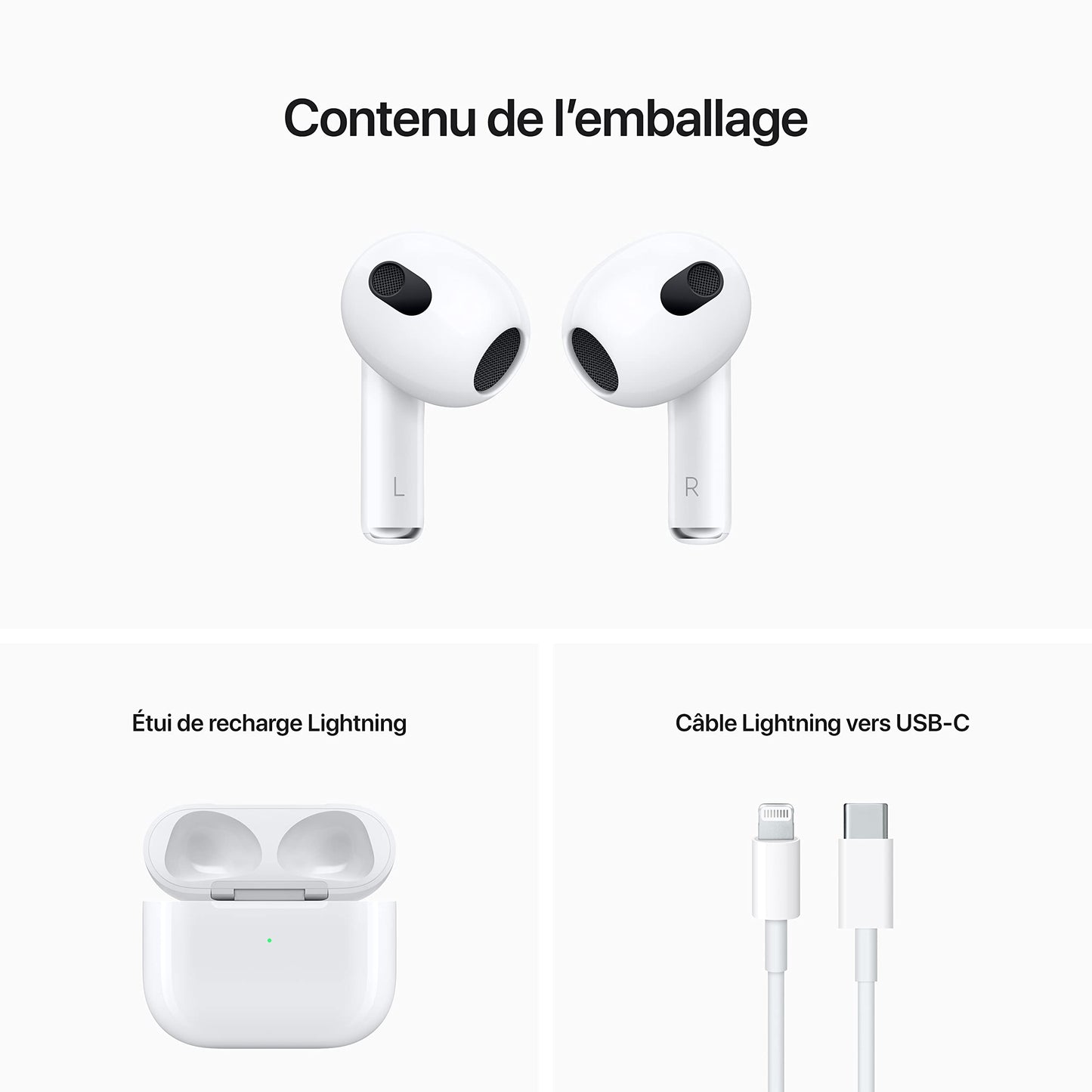 French description - 2 AirPods with charging case and lightning to USB-C cable