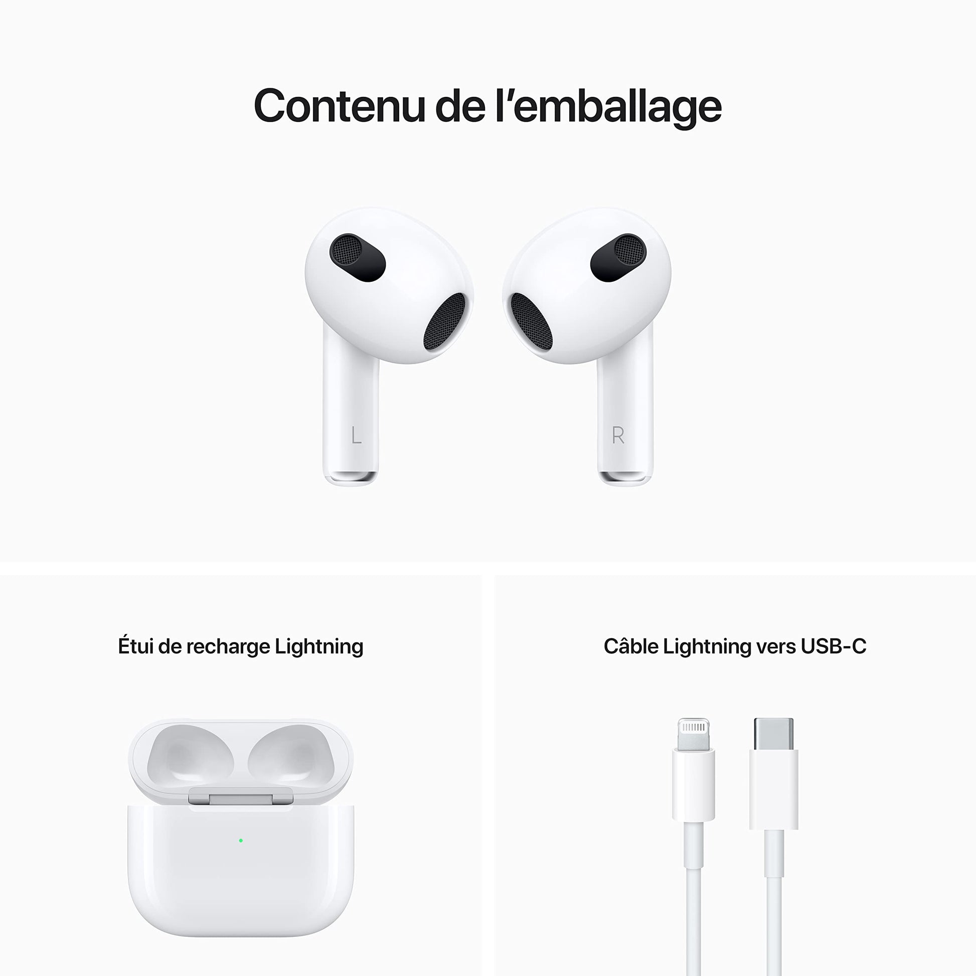 French description - 2 AirPods with charging case and lightning to USB-C cable