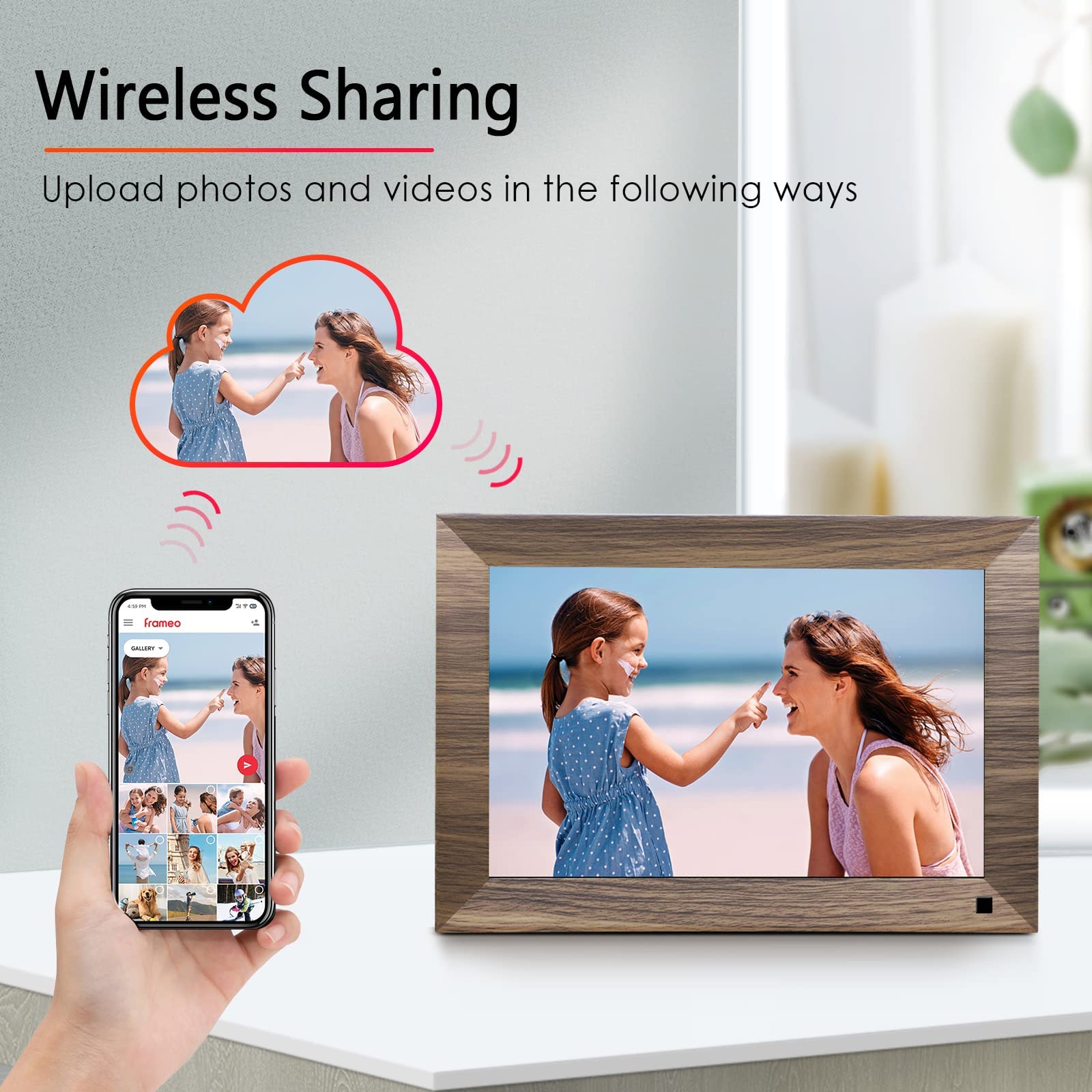 Digital Photo Frame can receive photos and videos easily from your phone