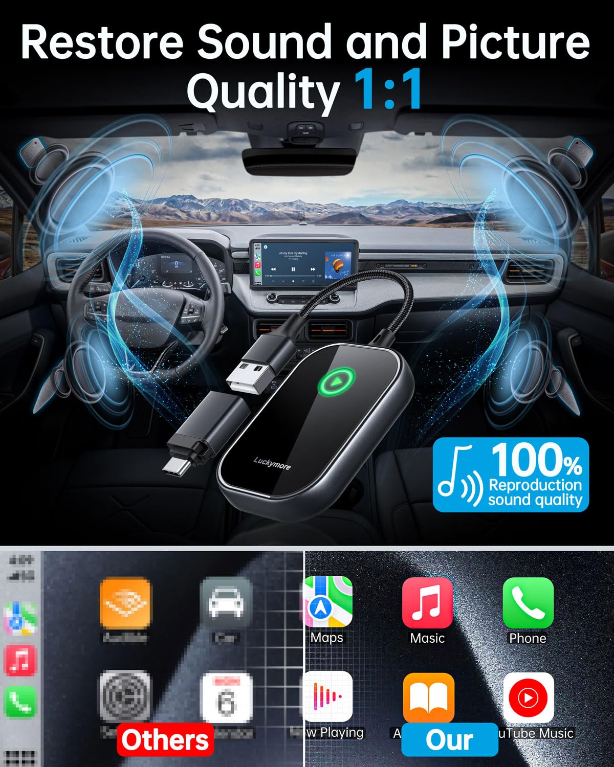 Luckymore Wireless Carplay Adapter restore sound and picture quality