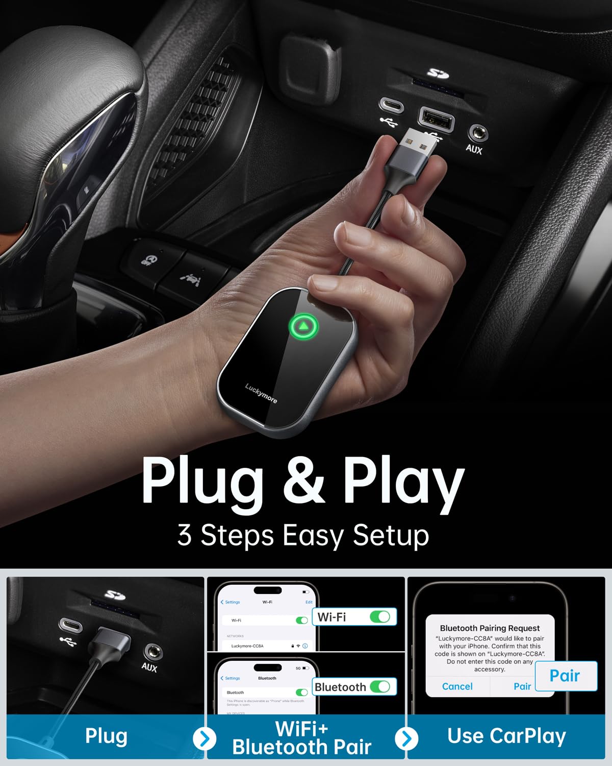 Luckymore Wireless Carplay Adapter plug and play